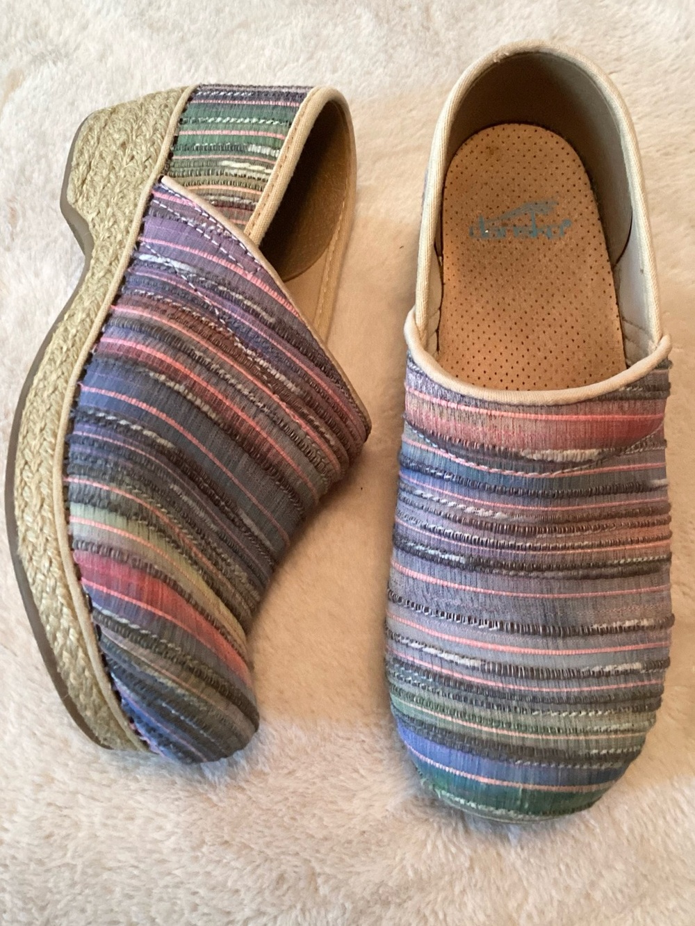 Dansko Striped Fabric Slip-On Clogs in Pastel Multicolor - Size 36
